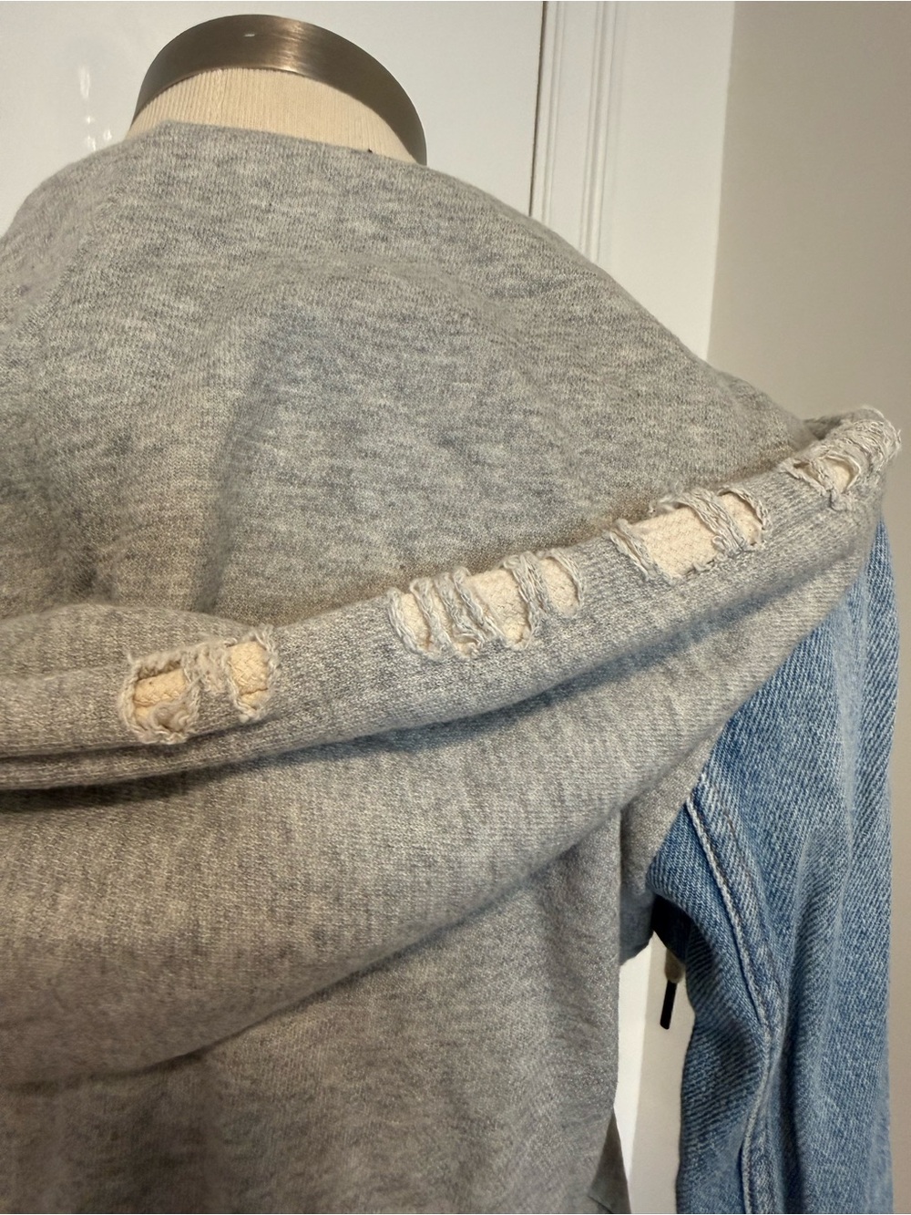 NSF Gray Distressed Sweatshirt and Denim Sleeves with Zip Front Hoodie -Size P - Picture 4 of 6